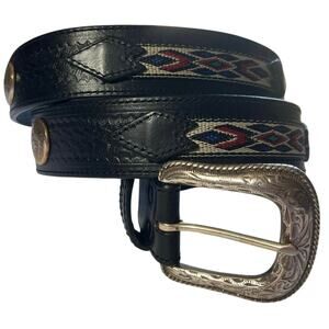 VTG Wrangler Western Hand Tooled Leather Belt Aztec Southwestern Black Size 42